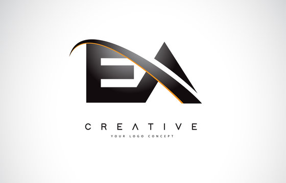 EA E A Swoosh Letter Logo Design with Modern Yellow Swoosh Curved Lines.