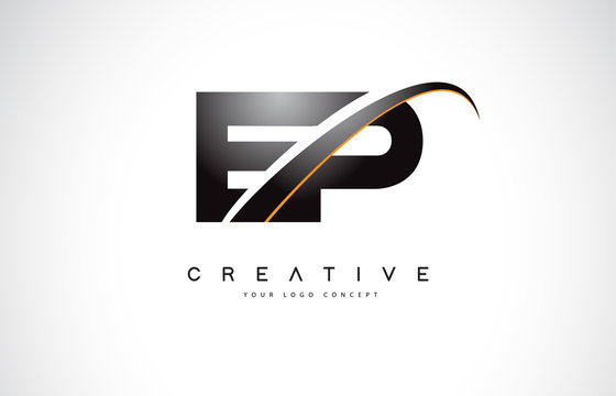 EP E P Swoosh Letter Logo Design with Modern Yellow Swoosh Curved Lines.