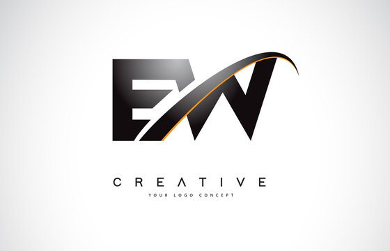 EW E W Swoosh Letter Logo Design with Modern Yellow Swoosh Curved Lines.
