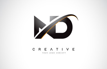 ND N D Swoosh Letter Logo Design with Modern Yellow Swoosh Curved Lines.