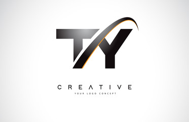 TY T Y Swoosh Letter Logo Design with Modern Yellow Swoosh Curved Lines.