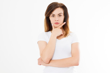 Fototapeta premium Young serious thinking caucasian woman isolated on white background. Copy space. Mock up. Beauty and skin care concept.