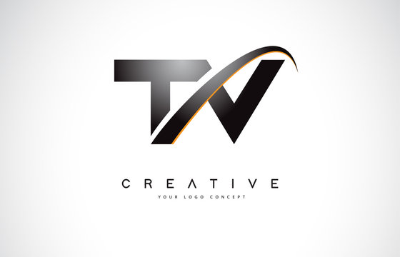 TV T V Swoosh Letter Logo Design with Modern Yellow Swoosh Curved Lines.