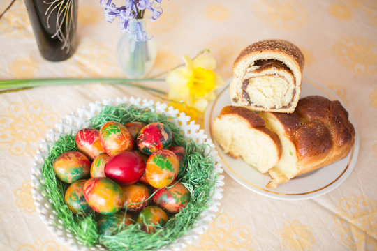Easter eggs and fresh baked sweet bread