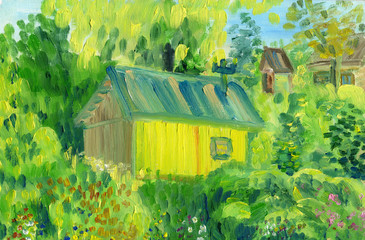 A rural house in the background of trees and a garden. Rough brush strokes. Oil painting on canvas.