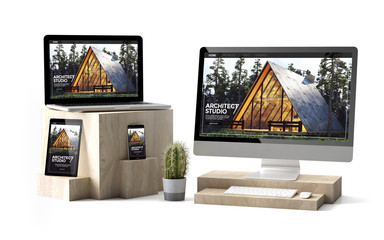 wooden cubes devices isolated architect responsive website