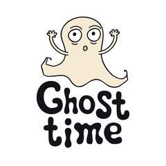 Ghost time. Halloween theme. Handdrawn lettering phrase. Design element for Halloween. Vector handwritten calligraphy quote.