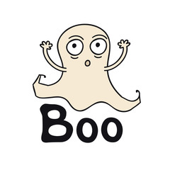 Boo. Ghost time. Halloween theme. Handdrawn lettering phrase. Design element for Halloween. Vector handwritten calligraphy quote.