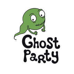 Ghost party. Halloween theme. Handdrawn lettering phrase. Design element for Halloween. Vector handwritten calligraphy quote.