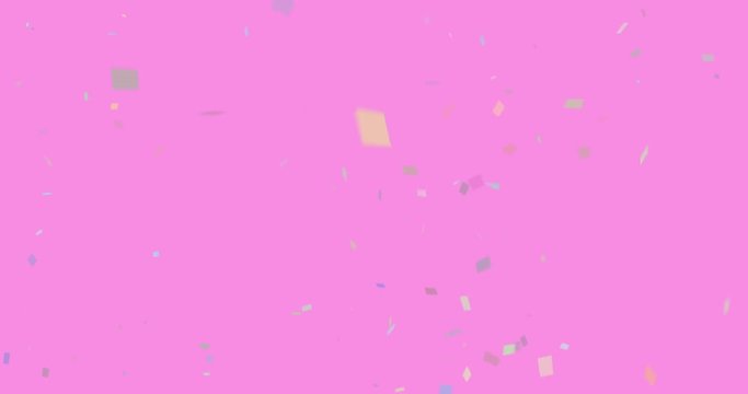 Confetti celebratory explosion with elements on a pastel colors and pink background. Confetti falling from a high angle to the bottom. background for celebrations and holidays