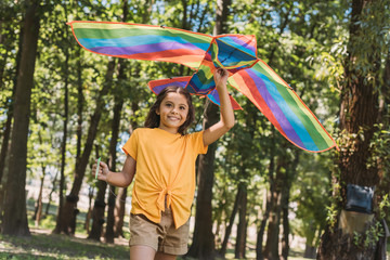 beautiful happy child holding colorful kite and playing in park