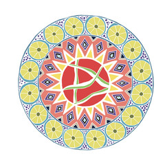 Decorative hand drawn mandala with different geometrical elements, anti stress therapy pattern, green and pink colors without outline. Raster