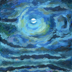 A night sky with colorful clouds and a full moon. Oil Painting. Rough brush strokes.