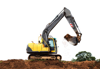 Yellow digger on hill lifting dirt against a white background