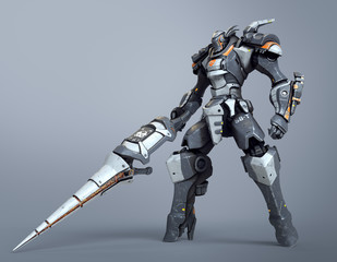 Robot warrior with a large lance in one hand. A science-fiction mech in a standing pose. Futuristic robot with white and gray color metal. Mech Battle. Orange paint. 3D rendering on a gray background - obrazy, fototapety, plakaty