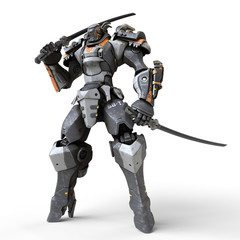 Mech samurai warrior standing and holding two swords. Robot with a katana on his shoulder. Futuristic robot with white and gray color metal. Sci-fi Mech Battle. 3D rendering on white background.