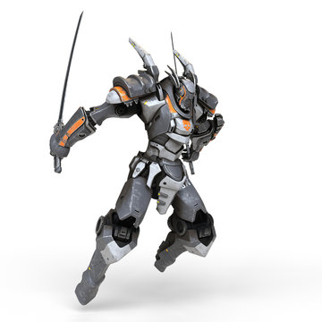 Sci-fi mech warrior holding two swords in fighting position. Mech in a jumping pose. Futuristic robot with white and gray color metal. Mech Battle. Orange paint. 3D rendering on a white background.