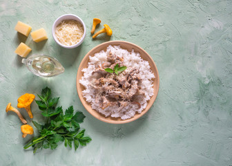 Risotto of chanterelles on a beige porcelain plate on a pistachio concrete table
