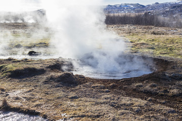 Eruption of Strokkur Geyser at the Geysir geothermal Park on the Golden circle in Iceland.