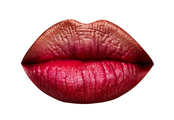 Lips icon. Lipsctick cosmetics concept. Red lips ideal form, women mouth, lipstick on sexy lip kiss. Cosmetics for women. Sexy Kiss. Girl mouths close up with red lipstick makeup. Isolated on white