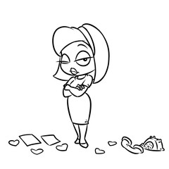 Angry girl enamored love broken heart cartoon illustration isolated image coloring page
