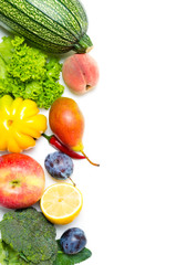 Fruits and vegetables on white background.Vitamins are healthy food.