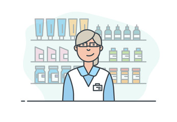 The seller in a pharmacy or beauty store. A woman sells medicines and pills. Pharmaceuticals and sale of medicinal preparations, pills and tablets. Modern line style vector illustration.