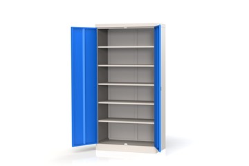 Metal cabinet with shelves for tools. Fireproof shelving for documents. 3D model rendering.