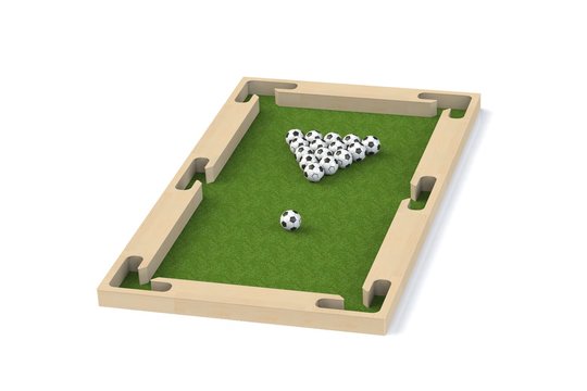 Ground pool snookball game with football balls on green grass reaching goal.  3D rendering, 3D illustration,