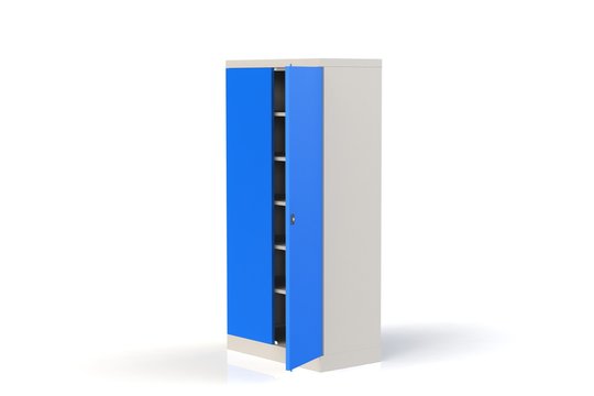 Metal Cabinet With Shelves For Tools. Fireproof Shelving For Documents. 3D Model Rendering.