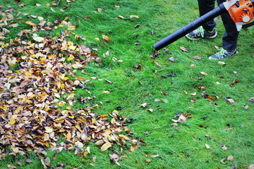 Gardener clearing up the leaves using a leaf blower tool