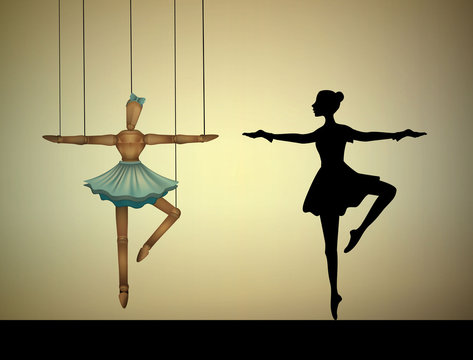 dancer concept, ballerina marionette to compare with real person,