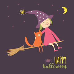 Vector illustration of flying young witch with cat on a broomstick