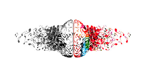Colorful human brain with music notes isolated vector illustration design. Artistic music festival poster, live concert, creative music notes design