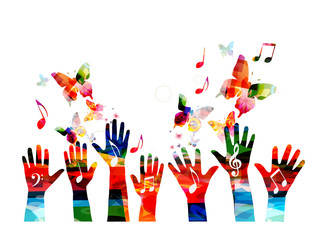 Music colorful background with music notes and hands vector illustration. Artistic music festival poster, live concert, creative design