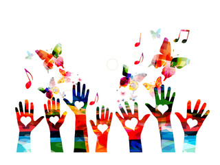 Music colorful background with music notes and hands vector illustration. Artistic music festival poster, live concert, creative love music design