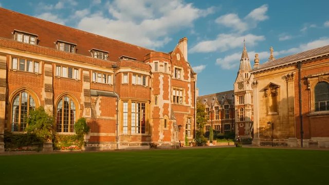 Wide angle shot of the Pembroke College, part of Cambridge University, a UNESCO World Heritage Site. Cambridge University is the fourth-oldest surviving university worldwide