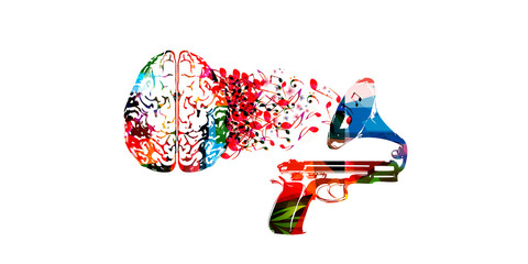 Colorful human brain with music notes and gramophone isolated vector illustration design. Artistic music festival poster, live concert, creative music notes, listening to music