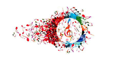 Naklejka na ściany i meble Music colorful background with music notes and G-clef vector illustration design. Artistic music festival poster, live concert, creative treble clef design
