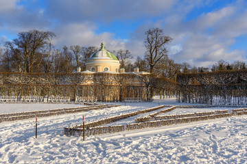 Catherine park and Lower Bathhouse in Tsarskoe Selo in winter. Pushkin. Saint Petersburg. Russia