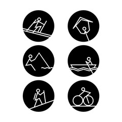 sport activity line art icon, biking, skiing, canoeing, paragliding, fishing, hiking