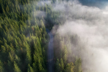 Fototapeta na wymiar Aerial landscape of the mountain road, at sunrise