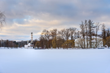 Frozen big pond in Catherine park at Tsarskoe Selo in winter. Pushkin. Saint Petersburg. Russia