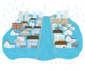 大雨と川の決壊で浸水した街のイラスト