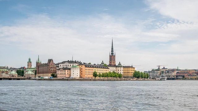 Time lapse of old part of Stockholm, view from the river, Sweden, 4k