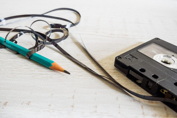 pencil and audio cassette 