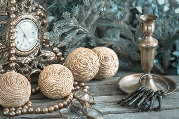 Christmas decoration balls, clocks, candle