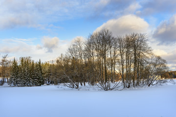 Frozen big pond in Catherine park at Tsarskoe Selo in winter. Pushkin. Saint Petersburg. Russia