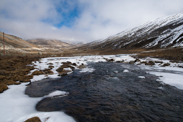 Snow flake beside River from snow ice melt on mountain Landscape view at Zero-Point, fog and mist weather day time