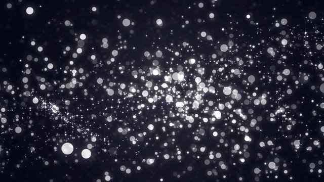 Lights white and black bokeh background. Elegant silver abstract. Disco background with circles and stars. Christmas Animated background. Space background. Seamless loop.